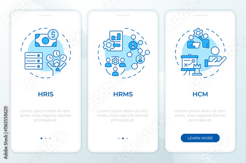 HRMS vs HRIS vs HCM blue onboarding mobile app screen. Business. Walkthrough 3 steps editable graphic instructions with linear concepts. UI, UX, GUI template. Montserrat SemiBold, Regular fonts used