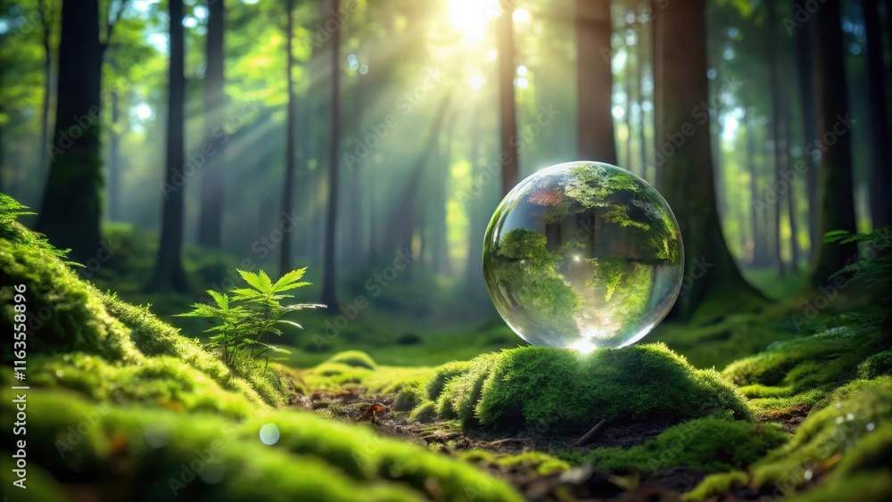 A Crystal Sphere Reflecting a Verdant Forest, Symbolizing the Interconnectedness of Nature and the Importance of Environmental Preservation A Crystal Sphere Reflecting a Verdant Forest, Symbolizing the Interconnectedness of Nature and the Importance of Environmental Preservation
