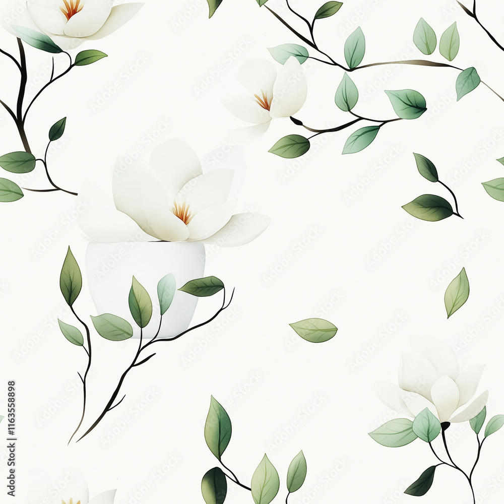 Watercolor art of a magnolia branch placed delicately in a ceramic pot with subtle accents Watercolor art of a magnolia branch placed delicately in a ceramic pot with subtle accents