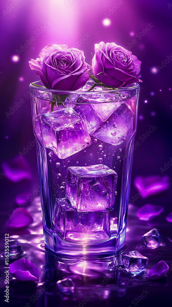 A glass of water with ice cubes, a purple rose floating in the middle A glass of water with ice cubes, a purple rose floating in the middle