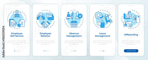 Operational HR blue onboarding mobile app screen. Human resource. Walkthrough 5 steps editable graphic instructions with linear concepts. UI, UX, GUI template. Montserrat SemiBold, Regular fonts used