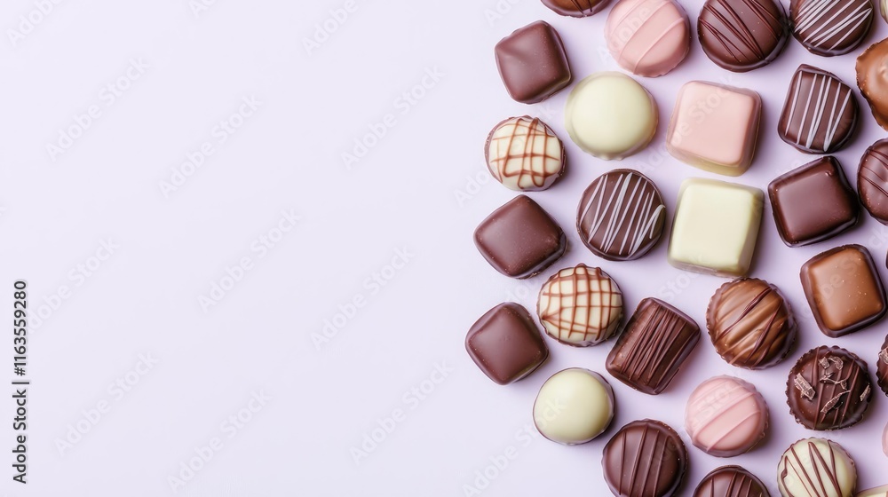 Pastel chocolates idea. A variety of delicious chocolates arranged beautifully on a light background. Pastel chocolates idea. A variety of delicious chocolates arranged beautifully on a light background.
