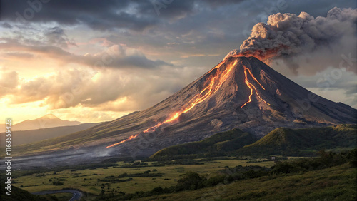 balance of calm and power as a volcano gracefully transition eruption lava background