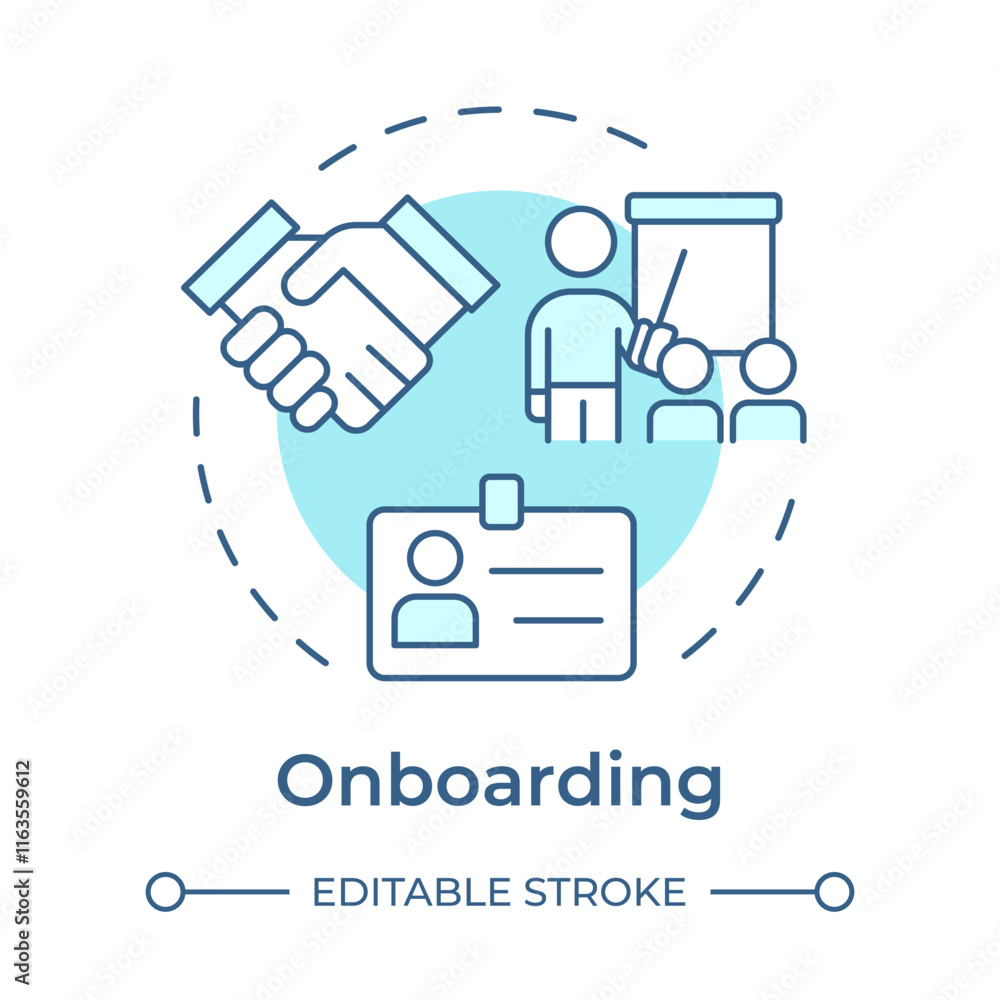 Onboarding soft blue concept icon. Integrating new employee into team. Human resource management system. Round shape line illustration. Abstract idea. Graphic design. Easy to use in brochure Onboarding soft blue concept icon. Integrating new employee into team. Human resource management system. Round shape line illustration. Abstract idea. Graphic design. Easy to use in brochure