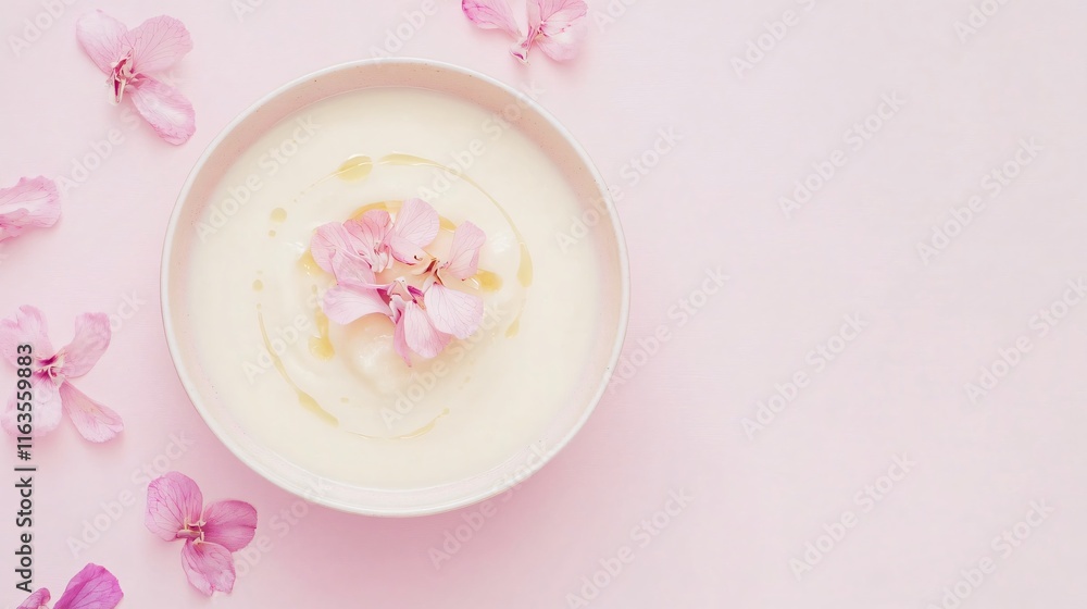 Celery soup garnished with edible flower petals, isolated on a white plate with a pastel pink background Celery soup garnished with edible flower petals, isolated on a white plate with a pastel pink background