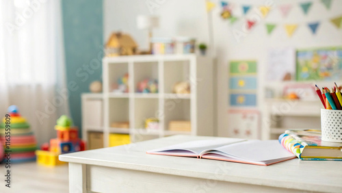 empty desk is set against a blurred background of a children's room, providing a perfect setting for product display