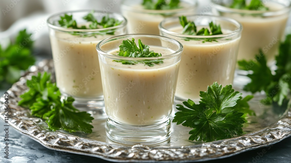 Celery soup served in mini shot glasses as an appetizer, isolated on a glass platter with parsley sprigs Celery soup served in mini shot glasses as an appetizer, isolated on a glass platter with parsley sprigs