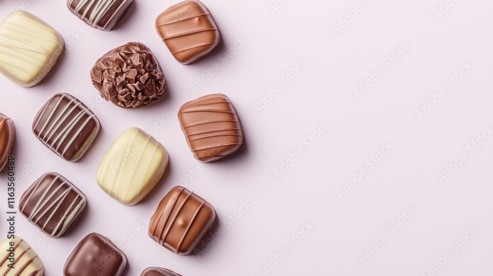 Pastel chocolates idea. Delicious assorted chocolate squares arranged on a soft pastel background. Pastel chocolates idea. Delicious assorted chocolate squares arranged on a soft pastel background.
