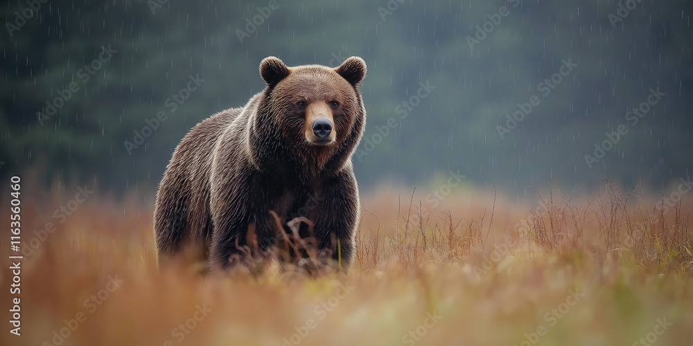 Fototapeta premium A powerful grizzly bear standing in a meadow during a light summer rain