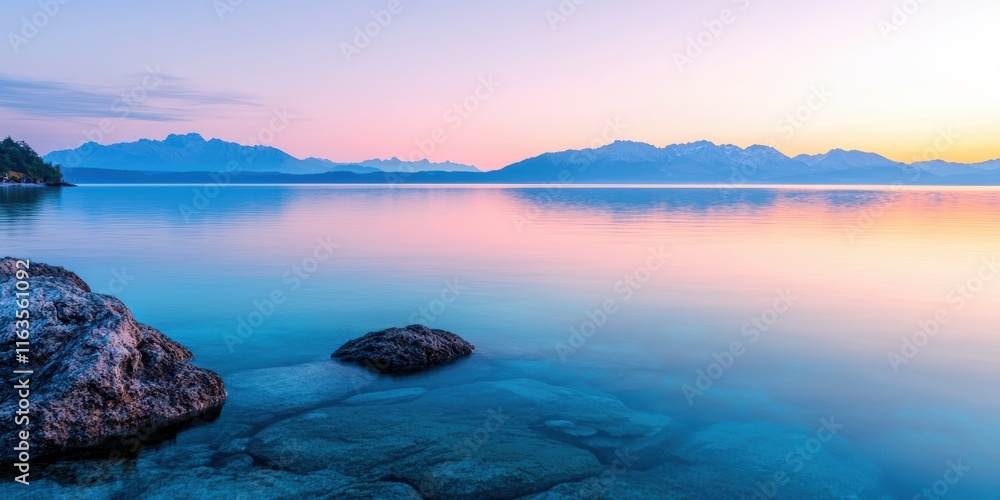 A tranquil landscape featuring calm waters reflecting a colorful sunset with distant mountains and rocky foreground. A tranquil landscape featuring calm waters reflecting a colorful sunset with distant mountains and rocky foreground.