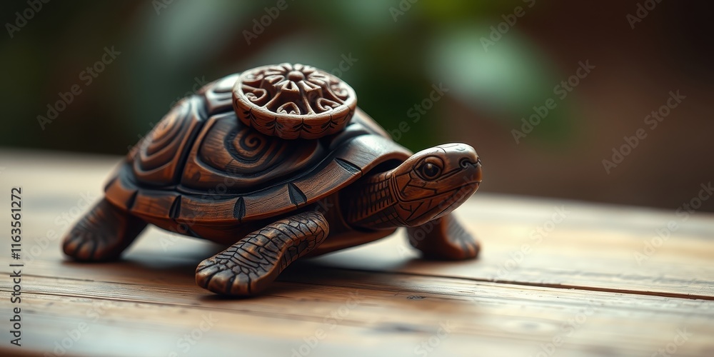 Intricate Wooden Turtle Figurine with Ornate Shell Detail on Rustic Wooden Surface Intricate Wooden Turtle Figurine with Ornate Shell Detail on Rustic Wooden Surface