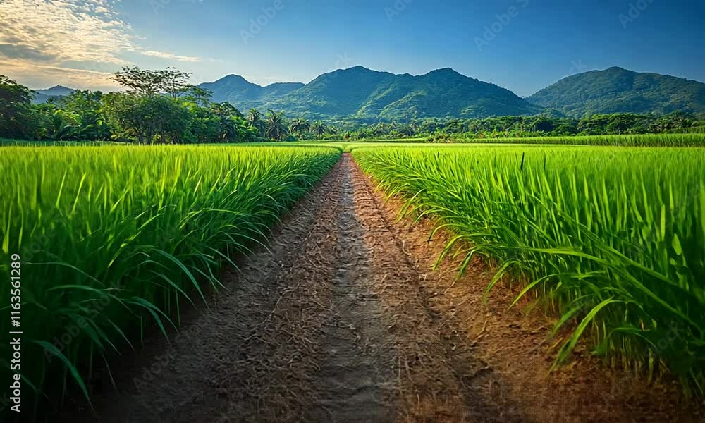 Lush green rice fields with a pathway leading towards distant mountains under a clear sky. Lush green rice fields with a pathway leading towards distant mountains under a clear sky.