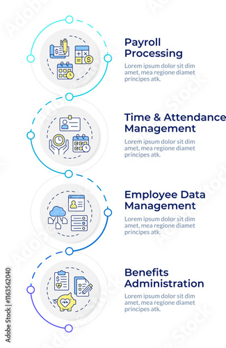 HRIS infographic vertical sequence. Human resource information system. Employees work for company. Visualization infochart with 4 steps. Circles workflow. Montserrat SemiBold, Lato Regular fonts used