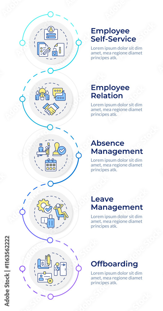 Operational HR infographic vertical sequence. Employee lifecycle controlling department. Visualization infochart with 5 steps. Circles workflow. Montserrat SemiBold, Lato Regular fonts used