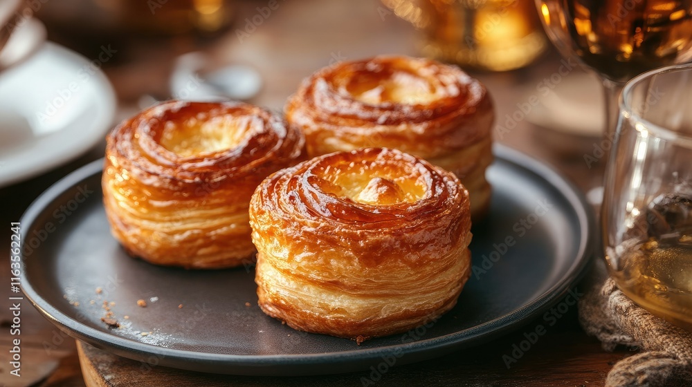 Plate of buttery Kouign Amann pastries, showcasing caramelized layers and rustic presentation on a table. Plate of buttery Kouign Amann pastries, showcasing caramelized layers and rustic presentation on a table.