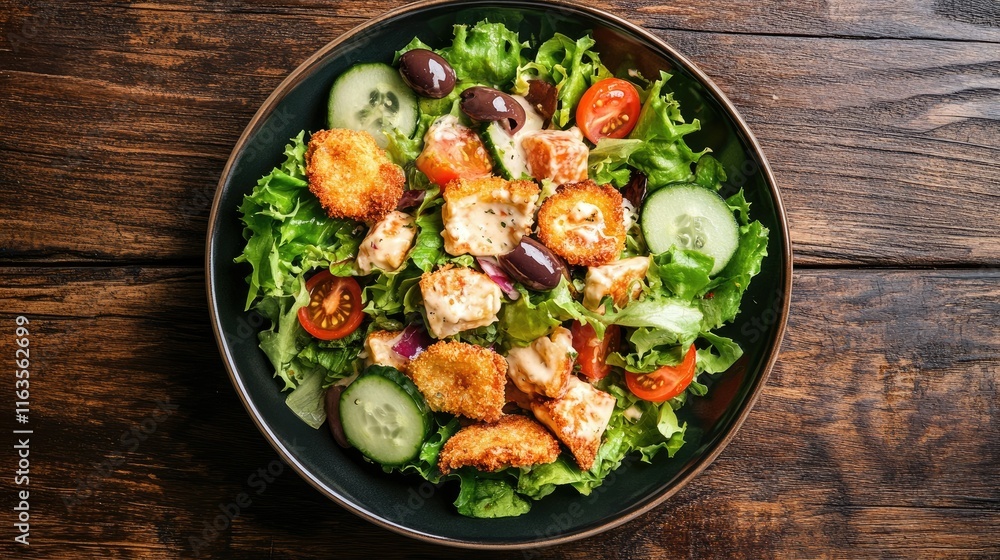 Plate of fried breaded cheese salad with fresh tomato, olive, cucumber, and lettuce on a wooden table. Vertical top view. Plate of fried breaded cheese salad with fresh tomato, olive, cucumber, and lettuce on a wooden table. Vertical top view.