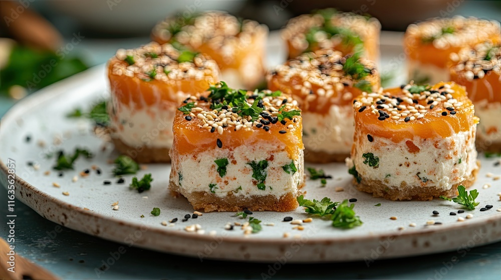 Plate of mini salmon cheesecakes garnished with sesame and herbs, leaving room for custom text on the side. Plate of mini salmon cheesecakes garnished with sesame and herbs, leaving room for custom text on the side.