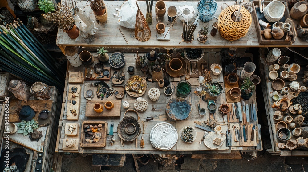 A Collection Of Ceramic Artwork And Tools On A Wooden Table A Collection Of Ceramic Artwork And Tools On A Wooden Table