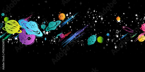 Planets in outer space with satellites and asteroids in dark starry night galaxy.  Space universe with twinkling stars lights, constellation, falling meteorites and comets. 