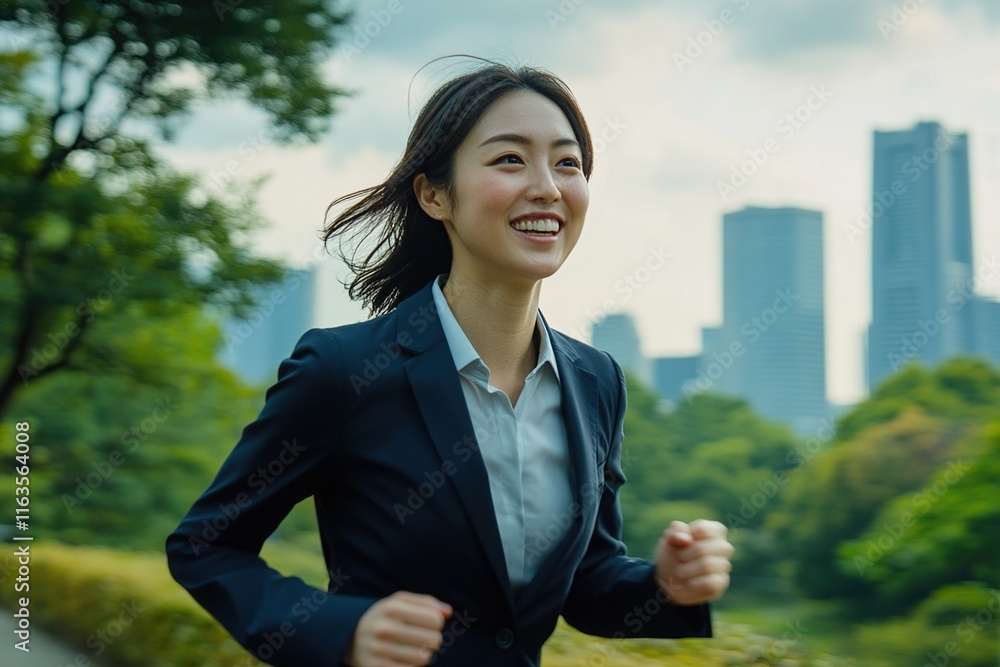 Businesswoman Runs Energetically in City Park, Achieving Goals with Determination and Joy. Urban Lifestyle Wellness. Businesswoman Runs Energetically in City Park, Achieving Goals with Determination and Joy. Urban Lifestyle Wellness.