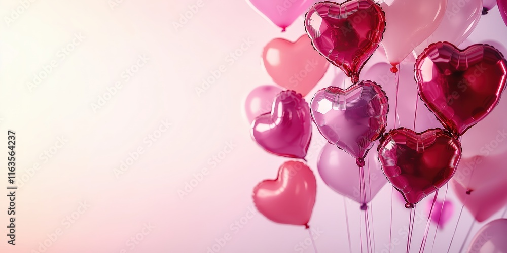 Pink and red heart-shaped balloons floating against a soft cream backdrop Pink and red heart-shaped balloons floating against a soft cream backdrop