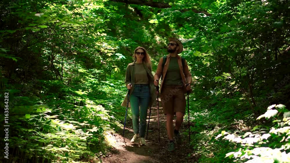 Adventure hiking with a Nordic walking stick . Hiker exploring mountain forest Adventure hiking with a Nordic walking stick . Hiker exploring mountain forest