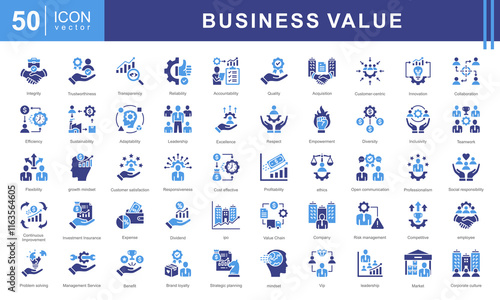 Business Value theme icon set visually represents the core principles of creating, delivering, and measuring value in a business context. Designed with a sleek and professional aesthetic.
