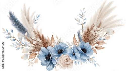 Fototapeta Naklejka Na Ścianę i Meble -  Elegant Watercolor Floral Arrangement with Pampas Grass and Blue Flowers