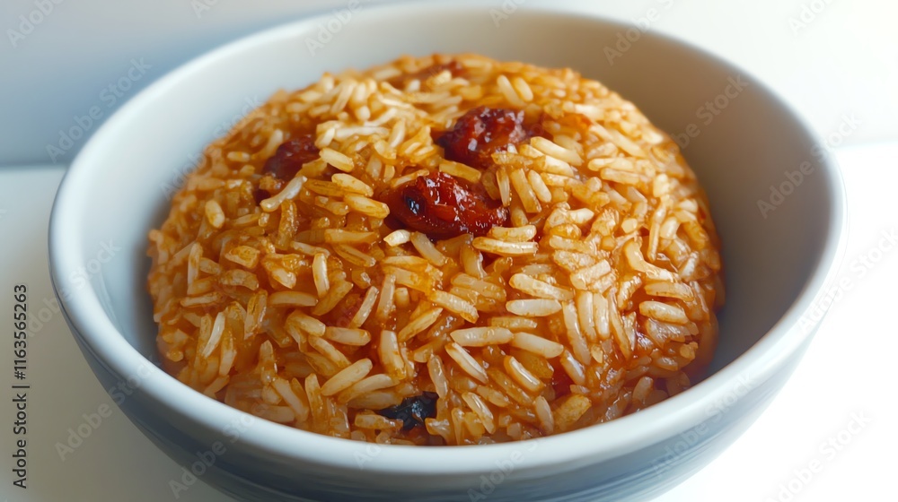 A bowl of rice cooked in a savory sauce with herbs and spices. A bowl of rice cooked in a savory sauce with herbs and spices.