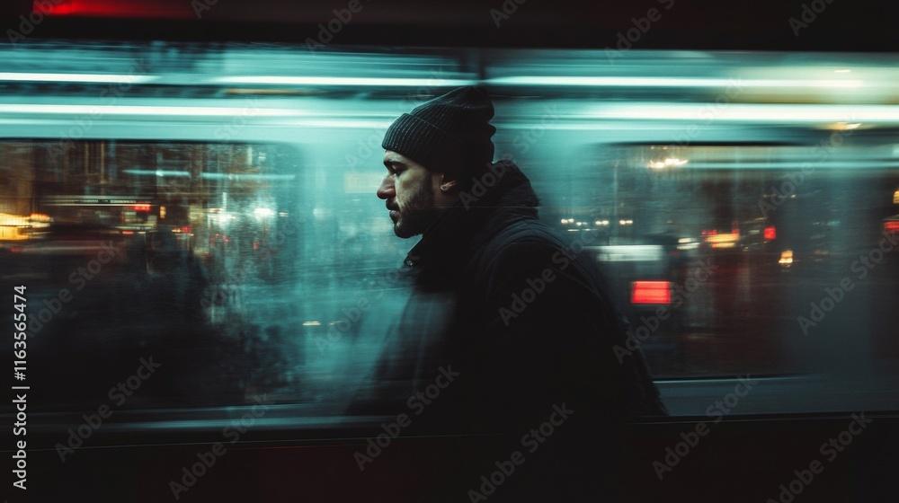 Man in black coat and beanie walking past a blurred train at night. Man in black coat and beanie walking past a blurred train at night.