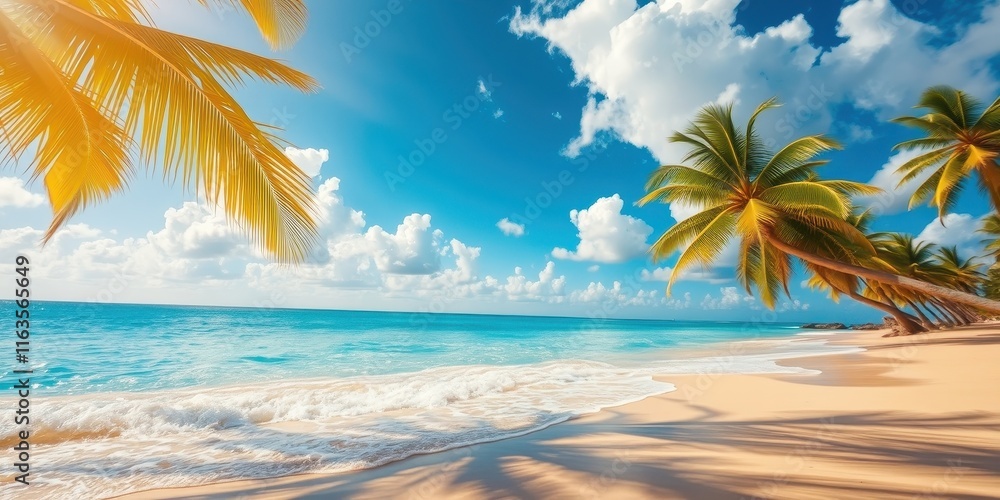 Idyllic Tropical Beach Scene Azure Waters, Golden Sands, and Lush Palm Trees Under a Sunny Sky Idyllic Tropical Beach Scene Azure Waters, Golden Sands, and Lush Palm Trees Under a Sunny Sky