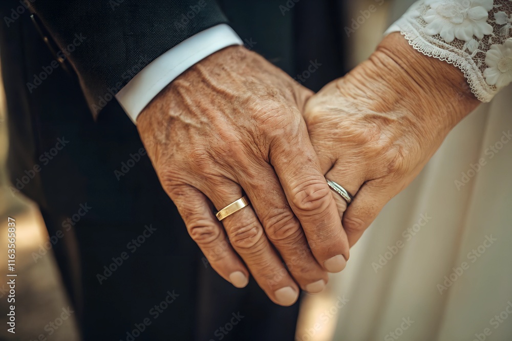 Fototapeta premium An intimate close-up of an elderly couple’s intertwined hands, both wearing wedding rings, symbolizing trust, love, and a lifelong partnership.