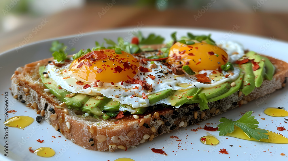 A closeup of a sandwich filled with avocado and eggs on a plate. This dish combines fresh ingredients and is perfect for a quick and tasty meal A closeup of a sandwich filled with avocado and eggs on a plate. This dish combines fresh ingredients and is perfect for a quick and tasty meal