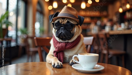 Pug wearing hat and sunglasses sitting at café table with coffee cup, isolated on white background.Pets in lifestyle. Café culture. Dog illustrations for children's books. Fun pet marketing.Coolne



 photo