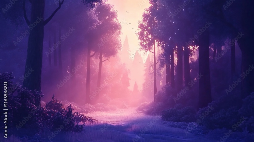 Mystical, vibrant forest path bathed in a warm, pastel sunrise. Mystical, vibrant forest path bathed in a warm, pastel sunrise.
