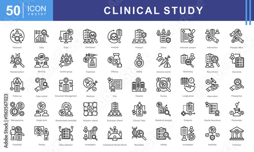 Clinical study icon collection set. Containing adverse event, baseline, double blind, blinding, case report form, endpoint, clinical trial icon.