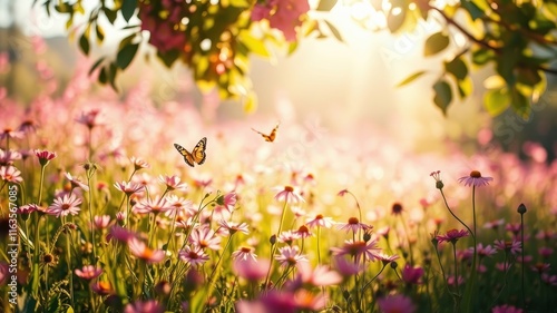 Wallpaper Mural Serene Sunset Over a Field of Delicate Pink Flowers with Graceful Butterflies in Flight Torontodigital.ca