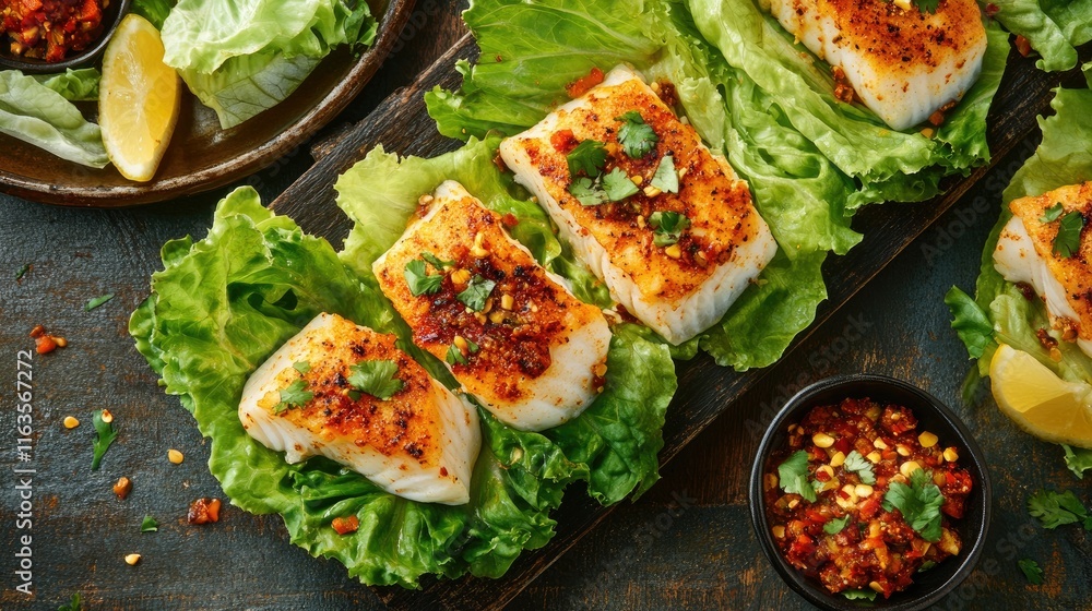 Spicy grilled cod fillet with crisp lettuce and fresh vegetables, served with lemon on a rustic table. Horizontal view. Spicy grilled cod fillet with crisp lettuce and fresh vegetables, served with lemon on a rustic table. Horizontal view.