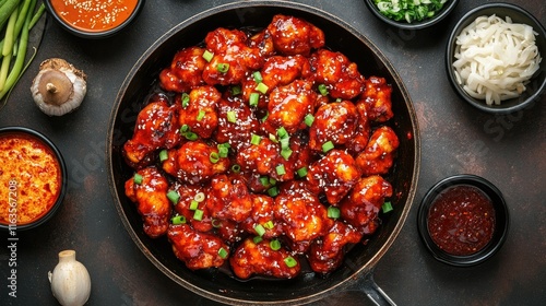 South Korean spicy buldak chicken dish served in a pan, surrounded by traditional condiments. Top view. photo