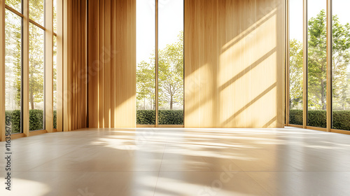 Modern Interior Space Featuring Vertical Wooden Panels Creating a Warm Ambiance with Abundant Natural Light and Scenic Views of Nature Outside