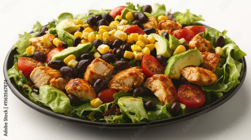 Tex-Mex Santa Fe chicken salad with lettuce, tomatoes, corn, black beans, avocado, and olives on a plate. Horizontal view. Tex-Mex Santa Fe chicken salad with lettuce, tomatoes, corn, black beans, avocado, and olives on a plate. Horizontal view.