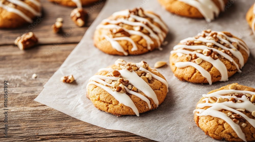 Thanksgiving pumpkin cookies with white chocolate, walnuts, and seeds on parchment paper atop a wooden table. Horizontal close-up. Thanksgiving pumpkin cookies with white chocolate, walnuts, and seeds on parchment paper atop a wooden table. Horizontal close-up.