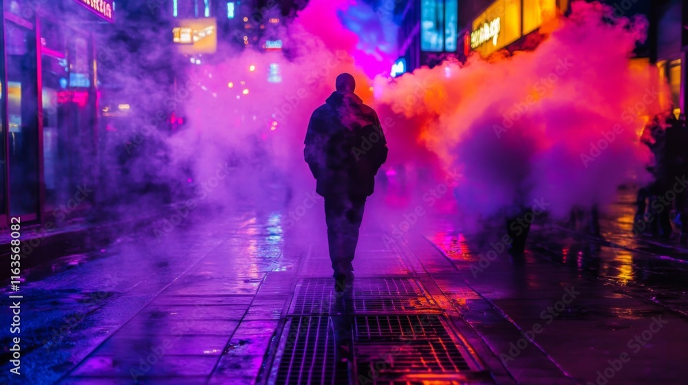 Man walking alone in a neon-lit city street shrouded in colorful smoke at night. Man walking alone in a neon-lit city street shrouded in colorful smoke at night.