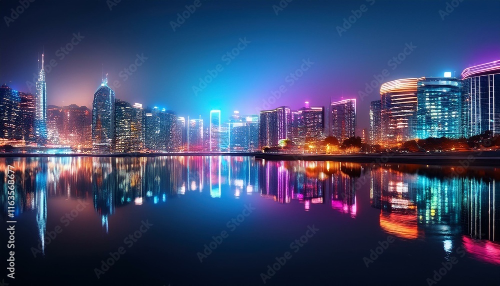 Obraz premium night view of the city, reflection of city buildings at night with colorful lights