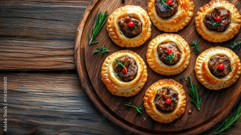 Top-down view of beef-stuffed vol-au-vent, served as a gourmet appetizer on a wooden background. Top-down view of beef-stuffed vol-au-vent, served as a gourmet appetizer on a wooden background.