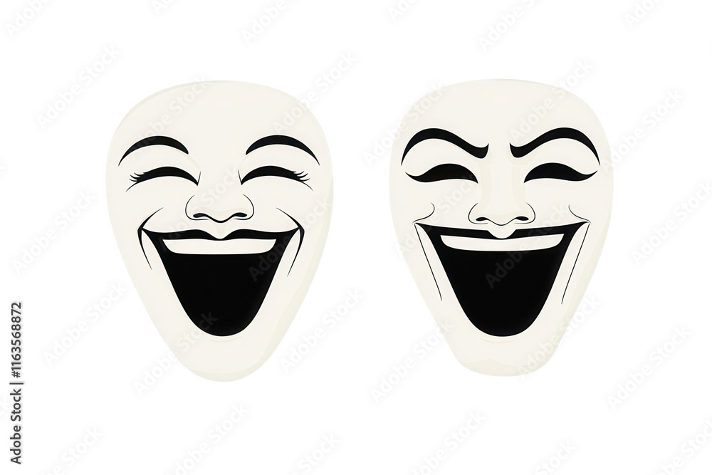 Theatrical comedy masks with transparent background digital art studio environment front view creative concept