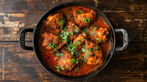 Traditional buldak barbecued chicken with bold spices, presented in a pan on a wooden table. Horizontal top view. photo