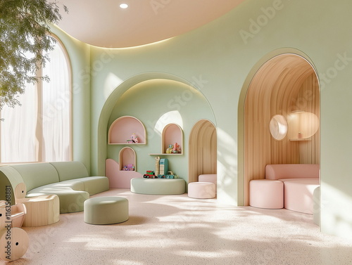 Creative playroom design for kids modern space interior design calm environment warm lighting innovative concepts photo