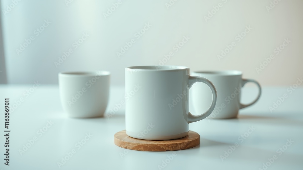 Simple elegance a white mug on a wooden coaster with blurred mugs in the background. Simple elegance a white mug on a wooden coaster with blurred mugs in the background.