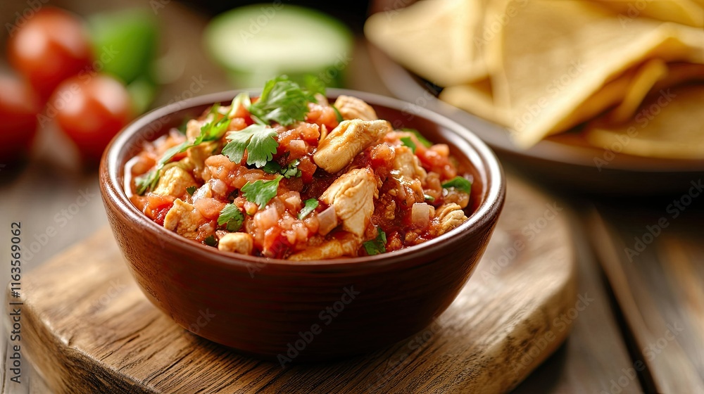 Traditional Mexican crockpot chicken in tomato salsa, served warm in a bowl on a rustic wooden board. Horizontal close-up. Traditional Mexican crockpot chicken in tomato salsa, served warm in a bowl on a rustic wooden board. Horizontal close-up.